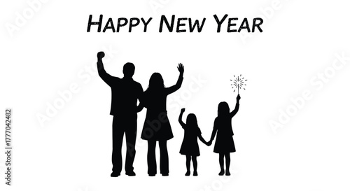 Happy new year silhouette of a family celebrating with raised arms and a sparkler