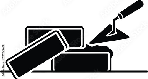 Brick and trowel construction symbol, masonry work concept, building materials and repair design, architecture industry craftsmanship, renovation and construction tools vector illustration
