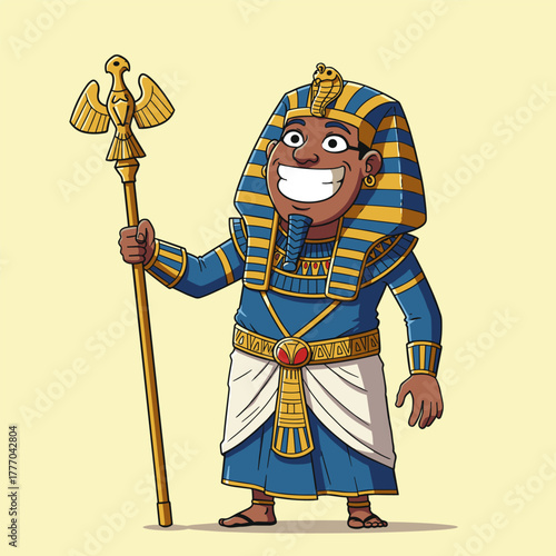 Cheerful cartoon Egyptian Pharaoh holding a golden staff against a plain background.