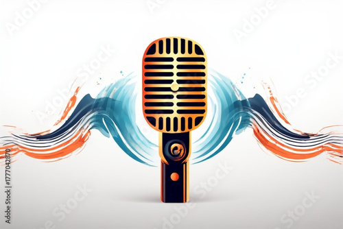 Vintage microphone illustration with abstract blue and orange brushstroke design on a white background.