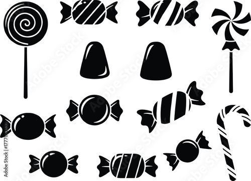 Candy and sweet icons vector illustration, black silhouette confectionery collection with lollipop, candy cane, wrapped sweets, and gumdrops for design and decoration