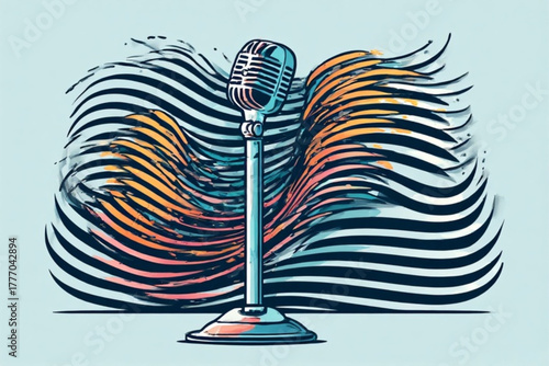 A vintage microphone stands prominently against an abstract background of swirling, colorful lines, creating a dynamic visual.