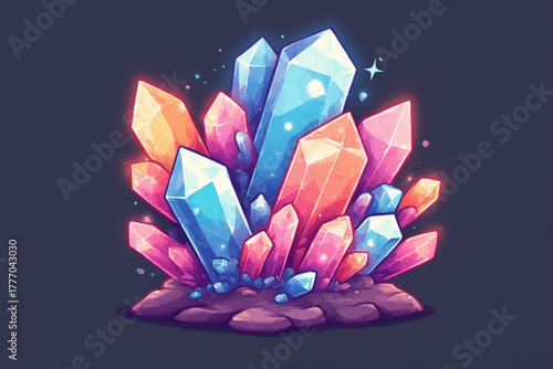 A vibrant illustration showcasing a cluster of colorful, glowing crystals.