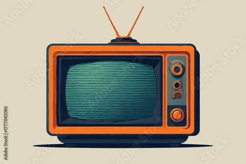 A retro-styled orange and grey television set with antenna, displaying static.