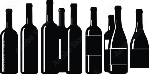 Collection of black wine bottle silhouettes, elegant alcohol drink shapes isolated on white background, vector illustration for bar menu, restaurant, winery, and packaging design