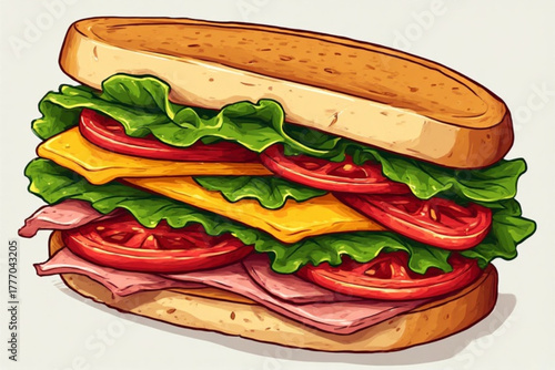 A cartoon-style illustration of a sandwich with ham, cheese, lettuce, and tomato between two slices of bread.
