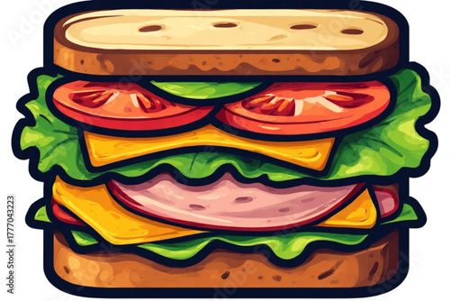 Cartoon illustration of a sandwich with ham, cheese, lettuce, and tomato between two slices of bread.
