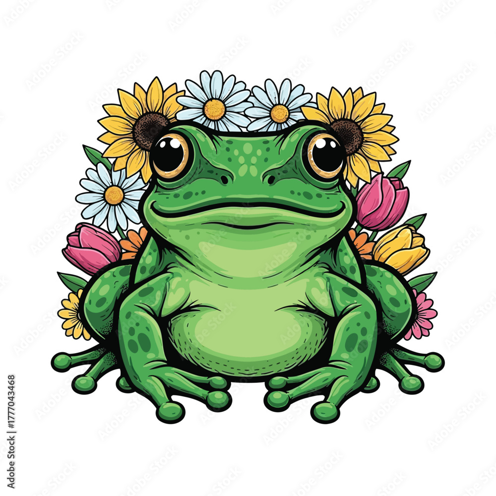 Fototapeta premium Flat illustration of Frog with Flowers Accent Graphic