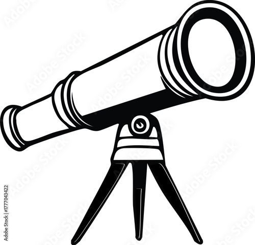 Simple vector graphic of a telescope on a tripod, an instrument for exploring the cosmos and expanding knowledge, embodying the concept of vision and discovery and future insights