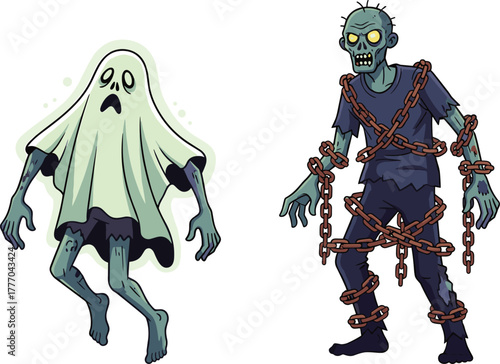 PrintScary ghost and chained zombie illustration, spooky Halloween character design, undead creatures artwork, horror fantasy concept, creepy monster drawing for decoration