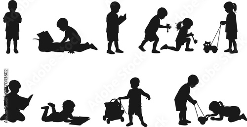 PrintSilhouette of children reading books, playing together, early education, creativity, imagination, learning, fun, childhood development, teamwork, discovery, growth, happiness