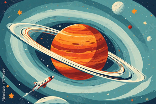 Artistic depiction of Saturn with rings, surrounded by stars and planets. A rocket ship flies through space.