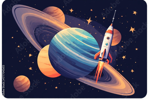A cartoon illustration of a rocket ship flying past planets and stars in space.