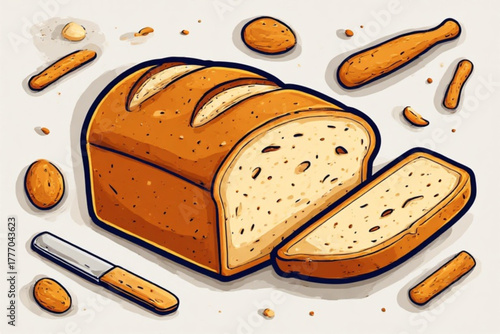 A loaf of freshly baked bread with a sliced piece and knife.