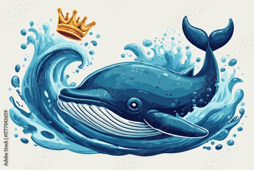 A cartoon whale wearing a golden crown, emerging from ocean waves.