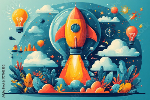 A vibrant illustration of a rocket launching amidst clouds, plants, lightbulbs, and celestial bodies, symbolizing innovation.