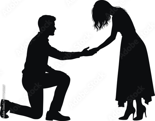 PrintSilhouette of man kneeling proposing to woman, romantic couple moment, love relationship, engagement concept, emotional connection, wedding proposal scene
