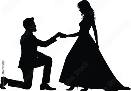 PrintSilhouette of man kneeling and proposing to woman in elegant dress, romantic couple moment, love engagement, marriage proposal concept