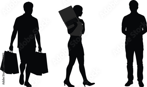 PrintSilhouette of people walking with shopping bags and laptop, modern lifestyle, technology, fashion, urban life, commerce, digital work, confidence