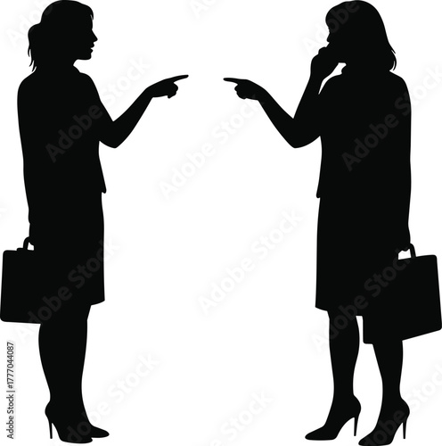 PrintSilhouette of two business women arguing and pointing fingers, professional disagreement, office conflict, leadership tension, teamwork problem, communication challenge concept