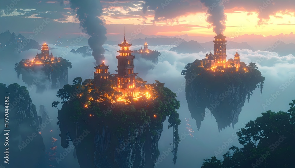 Fototapeta premium Fantasy Floating Islands with Ancient Temples and Glowing Lights at Sunset.