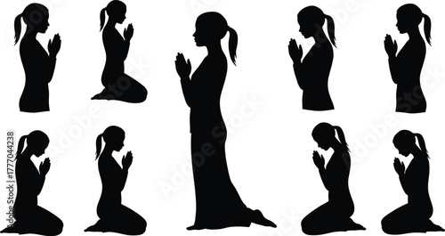 PrintSilhouette of woman praying and meditating, spiritual faith concept, religious devotion, kneeling worship posture, peace, mindfulness, hope, vector illustration