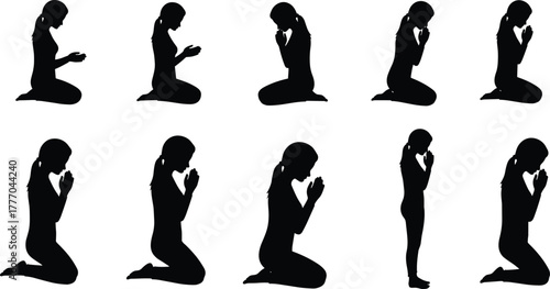 PrintSilhouette of woman praying in different poses, spiritual meditation concept, faith, hope, devotion, religion and mindfulness illustration design