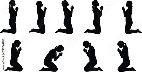 PrintSilhouette of women kneeling and praying, spiritual meditation concept, faith and devotion, peaceful worship, religious belief, mindfulness vector illustration