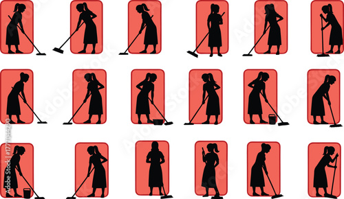 PrintSilhouette of women cleaning with mops in various poses, housekeeping service, hygiene maintenance, janitorial work, professional cleaner, domestic cleaning illustration