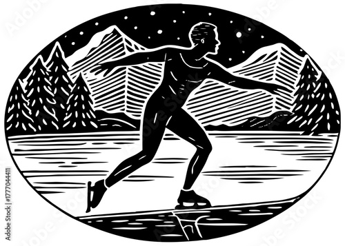 Ice skater vector silhouette gliding on a frozen lake at night with pine trees and mountains in the background