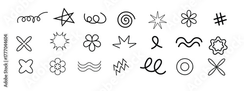 Hand-drawn doodle element set with icons and symbols, vector illustration, isolated on white background