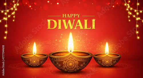 Happy Diwali with glowing traditional Indian oil lamps (diyas) on a festive red background, adorned with decorative string lights and golden text.
