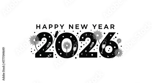 Happy new year 2026 text with festive fireworks and confetti on a white background