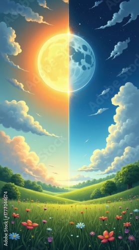 Split sky with sun and moon over a grassy meadow