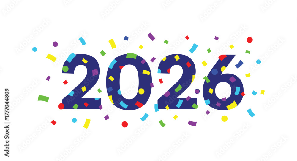 Obraz premium Colorful confetti explodes around the year 2026 numbers celebrating new year s eve and future events