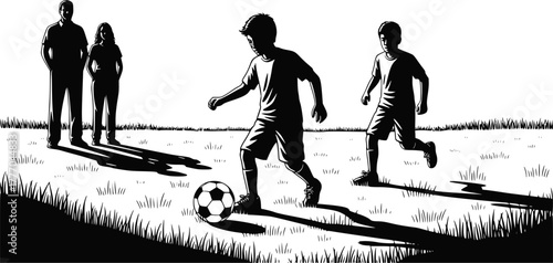 High-contrast vector silhouette of two boys playing soccer while parents observe. Design for youth sports programs, family fitness websites, or coaching materials. EPS version.