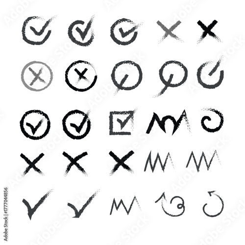 Hand-drawn grunge-style check marks and cross symbols and different signs, vector illustration, isolated on white background
