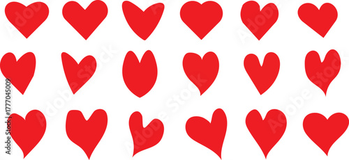 Hand-drawn doodle-style heart icons collection on transparent background, vector illustration