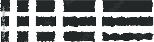 Set of black torn paper strips with rough white edges. Collection of ripped paper pieces and jagged borders isolated on white background. Perfect for collage, scrapbooking, texture design, and photo 