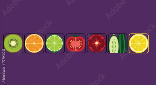 Flat vector fruit and vegetable icons set healthy food illustration