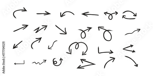 Hand-drawn grunge-style arrows with rough texture and bold lines, vector illustration, isolated on white background