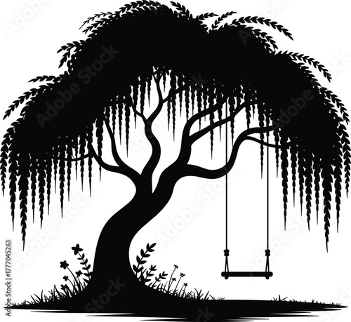 Silhouette of willow tree with hanging swing, curved trunk, drooping branches, and grassy base in nostalgic nature vector illustration