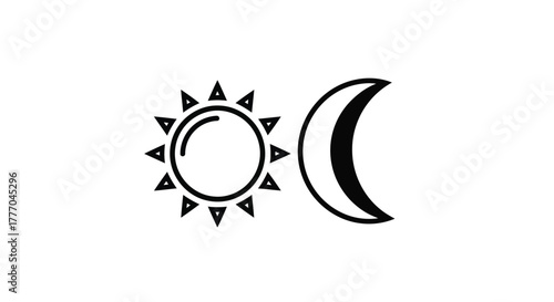 A simple black and white graphic illustration depicting the sun and a crescent moon side by side.