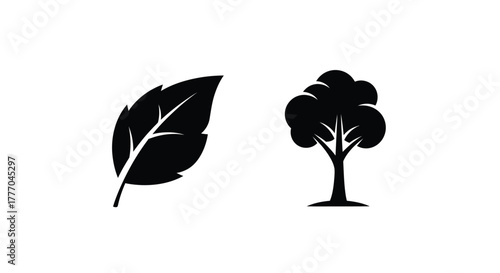 Black silhouettes of a single leaf and a stylized tree on a white background, representing nature and growth.