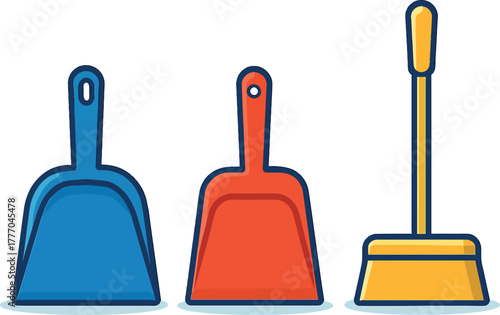 Cleaning Tools Flat Vector Illustration with Blue Dustpan Orange Dustpan and Yellow Broom Depicting Cleanliness