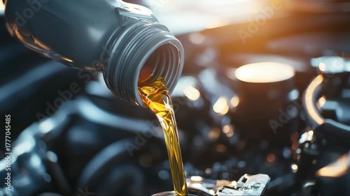 Engine oil being poured into a car engine during routine maintenance at a garage