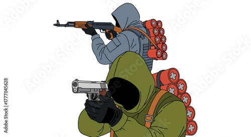 Hooded figures armed and dangerous cartoon illustration concept