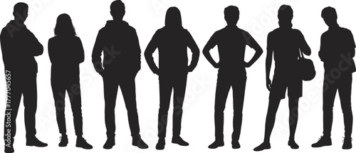 Silhouettes of casually dressed people standing in varied postures and outfits, showcasing diversity in fashion and body language vector art