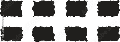 Set of black torn paper strips with rough white edges. Collection of ripped paper pieces and jagged borders isolated on white background. Perfect for collage, scrapbooking, texture design, and photo 