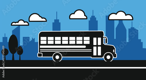 Illustration of school bus driving in city with blue sky background